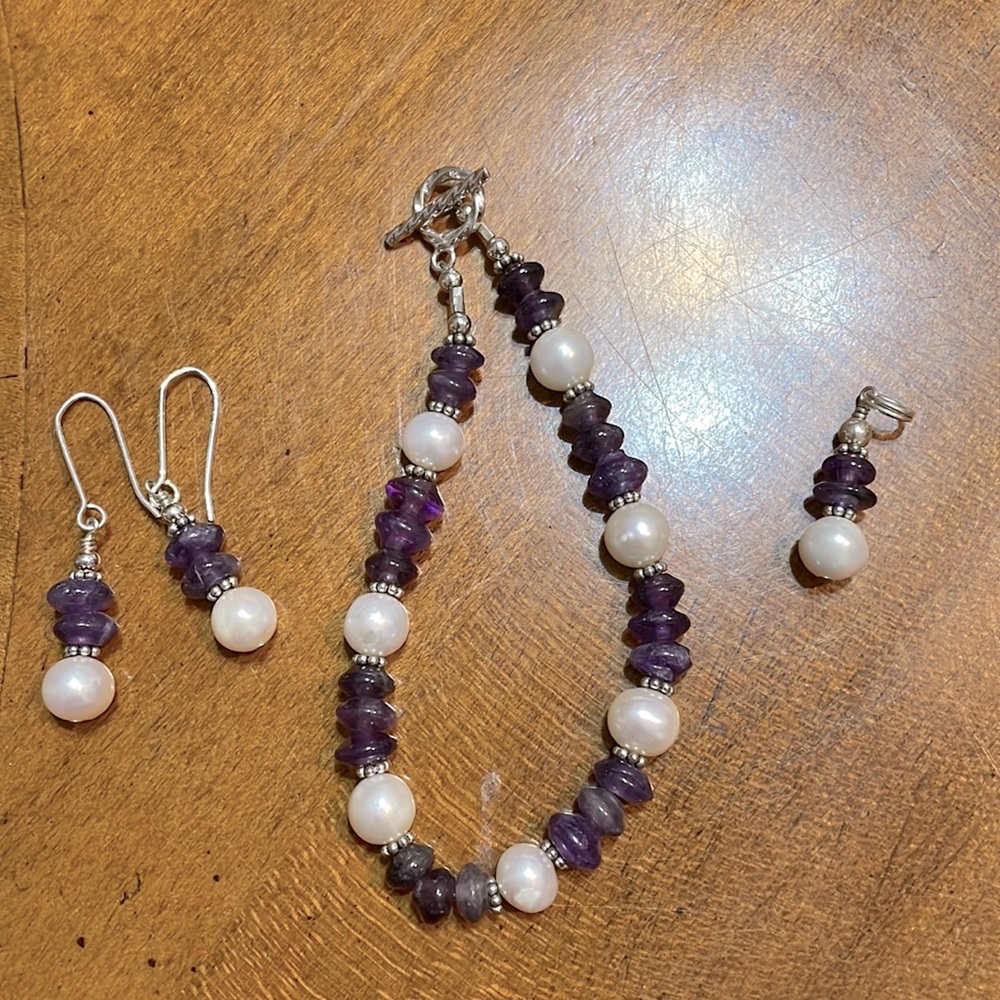 Purple & Pearl Pendant, Bracelet & Earring Set